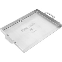 SteakChamp Plancha grila šķīvis 38 x 28 cm, nerūsējošā tērauda grila šķīvis 4 līdz 6 burgera laukumiem, nedaudz noliekta priekšpuse, labākās grila dāvanas vīriešiem, 4,2 kg