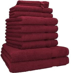 10 daļu komplekts Betz Premium dvieļu komplekts melns, kvalitāte 470 g/m² bordo sarkans: 2x vannas dvieļi 70 x 140 cm 4x roku dvieļi 50 x 100 cm 2x viesu dvieļi 30 x 50 cm 2x sejas lupatas 17 x 22 cm