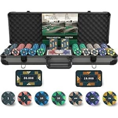 Bullets spēļu kārtis — Paulie Deluxe pokera komplekts ar 500 keramikas pokera žetoniem ar drukātām vērtībām, pokera instrukcijas, plāksnītes, dīlera poga un Bullets plastmasas pokera kārtis