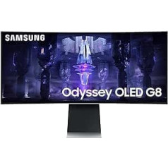Samsung Odyssey OLED G8 spēļu monitors S34BG850SU, 34 collu OLED panelis, UWQHD izšķirtspēja, FreeSync Premium, 0,03 ms (G/G) reakcijas laiks, atsvaidzes intensitāte 175 Hz, sudraba krāsa