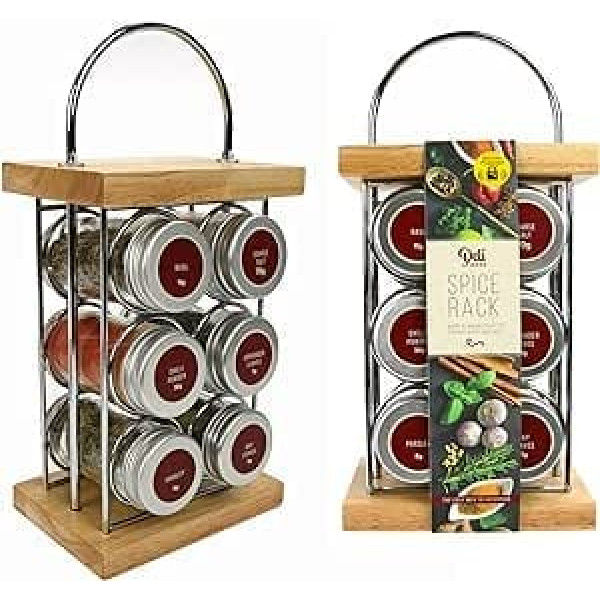 Kimm & Miller Spice Rack with Spices Included - Free Standing Wooden and Chrome Spice Rack with 6 Pre-filled Jars - Great Gift for Women and Men Who Love Cooking
