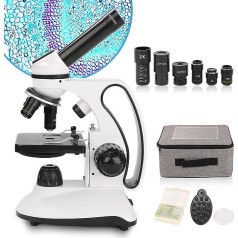 Bioloģiskās mācīšanās mikroskops 40X-2000X Divu LED apgaismojuma laboratorijas monokulārais mikroskops skolēniem un pieaugušajiem ar optiskā stikla lēcām un 15 priekšmetstikliņiem, metāla korpusu, somu, barošanas avotu