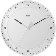 Braun Classic lielais analogais sienas pulkstenis, kluss, viegli nolasāms ciparnīca, 30 cm diametrs, balts modelis BC17W