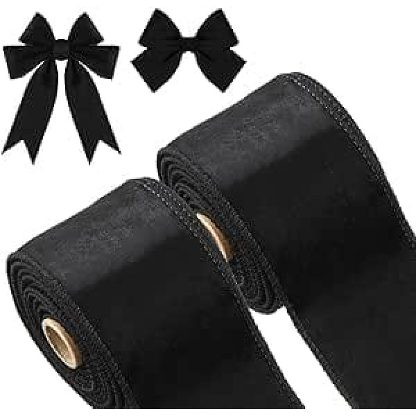 2 Rolls 2.5 Inch 10 Yards Christmas Gift Ribbons Single Sided Velvet Ribbons Simple Velvet Ribbons for Gift Packaging Crafts Christmas Tree Wreath Christmas Decoration (Black)