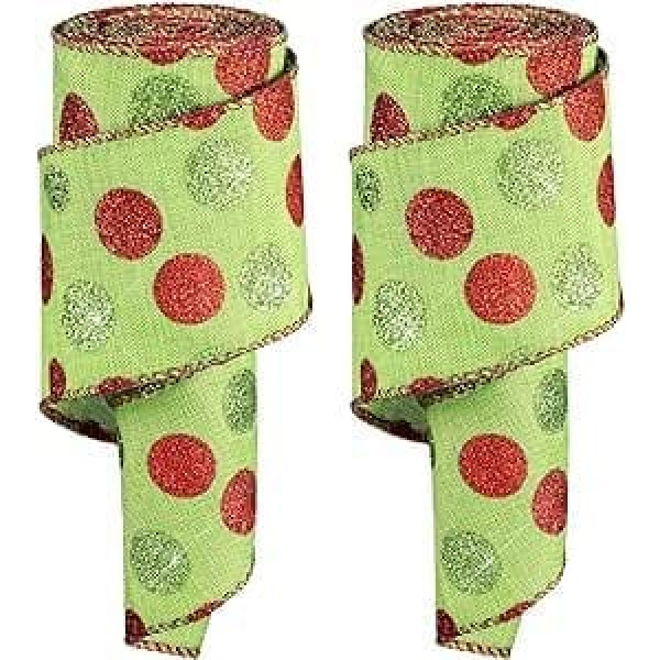 2 Rolls Christmas Glitter Dot Wired Edge Ribbons Green Red Dot Ribbons Polka Dot Printed Hessian Decorative Ribbons for DIY (Green Base, 2.5 Inches x 6 Yard per Roll)