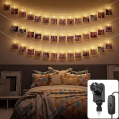 LED foto klipi Fairy Lights - 6 metri | Ar strāvas kontaktdakšu, kas nedarbojas no akumulatora | 30 LED klipi, silti balti | Foto līnija Polaroid Photo | Dekoratīva ķēde fotogrāfiju pakarināšanai | CozyHome Fairy Lights