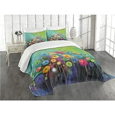 Abakuhaus ziedu gultas pārklāju komplekts, krāsains pienenes, komplekts ar spilvendrānām, romantisks stils, divvietīgām gultām, 264 x 220 cm, daudzkrāsains