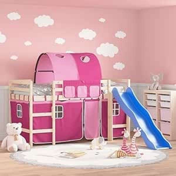 Festnight Hochbett Kinder ar Rutsche Spielbett Kinderbett 90x200 cm Kinderhochbett Etagenbett Hausbett Holzbett ar tuneli Leiter Vorhang Einzelbetten Jugendbett Bettgestell Rutschbett Halbhochbett