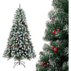 1,8 m mākslīgā Ziemassvētku eglīte, sniegota, priedes izskata Ziemassvētku eglīte ar sarkanām ogām, Ziemassvētku eglīte, PVC mākslīgā egle, Ziemassvētku locīšanas sistēma, dekoratīvā eglīte Ziemassvētku dekorēšanai (1,8