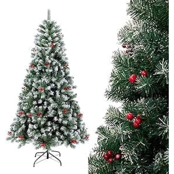 1.8 m Artificial Christmas Tree, Snow-Covered, Pine Look Christmas Tree with Red Berries, Christmas Tree, PVC Artificial Tree, Christmas Folding System, Decorative Tree for Christmas Decoration (1.8