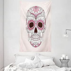 ABAKUHAUS Sugar Skull Tapestry and Bedspread, Mexican Ornaments Made of Soft Microfibre Fabric, Washable without Fade, Digital Print, 140 x 230 cm, White Pink