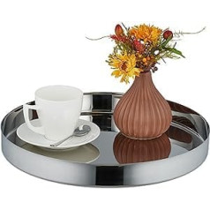 Relaxdays Serving Tray Round Modern Design with Rim, Breakfast in Bed, Stainless Steel, H x D: 4 x 35 cm, Decorative Tray, Silver