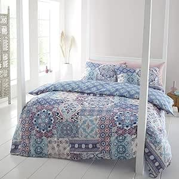 Catherine Lansfield Boho Patchwork viena segas pārvalka komplekts ar zilu spilvendrānu