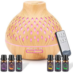 400 ml Aroma Diffuser with 6 x 10 ml Essential Oils Set, Ultrasonic Humidifier with Remote Control, Electric Aromatherapy Oils Diffuser, Nebuliser, with 14 Colour LED, Timer Setting, Auto-Off