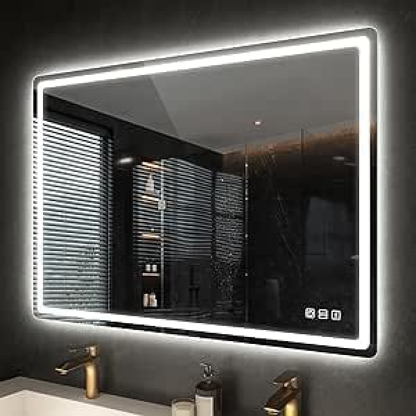 S'bagno vannas istabas spogulis ar apgaismojumu, 1000 x 700 mm ar apgaismojumu un Bluetooth skaļruni, pretmiglas un pieskāriena sensora aptumšošana vertikāli/horizontāli