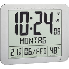 TFA Dostmann radiovadāms digitālais pulkstenis, 60.4516.54, ar telpas klimatu, rakstīta nedēļas diena (10 valodās), 2 modinātāja funkcijas, kā galda pulkstenis vai piekārts, sudraba, (G) 248 x (W) 25 (73) x (H)