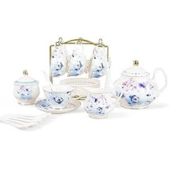 fanquare 21 daļīgs moderna stila porcelāna tējas komplekts, zili ziedi akvareļa stilā, keramikas tējas komplekti, kafijas servīze pieaugušajiem