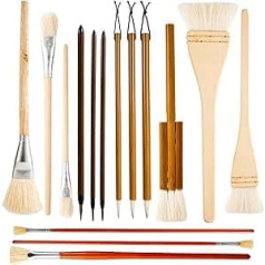 Pack of 15 Glaze Brushes Ceramic, Wood Long Handle Artist Fan Paint Ceramic Brush Set Art Painting Tools for Acrylic Watercolour Ceramic Oil Painting Students Children Adults