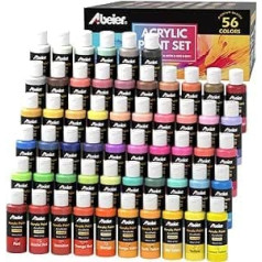 ABEIER Acrylic Paint Set, 56 Acrylic Colours in Bottles (60 ml each), High-Quality, Non-Toxic, Waterproof, Art Acrylic Paints for Beginners, Adults, Children on Canvas, Rocks, Wood, Ceramic, Fabric