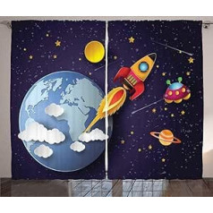 ABAKUHAUS Space Rustic Curtain, Rocket Earth Stars UFO, Bedroom Ruffle Tape Curtain with Loops and Hooks, 280 x 225 cm, Midnight Blue