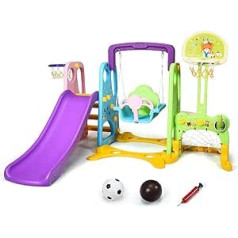 COSTWAY 6-in-1 Children's Slide with Swing, Children's Slide Indoor with Basketball Hoop & Football Goal & Throwing Game & Desk Top, Playground Indoor & Outdoor for Children from 3 Years