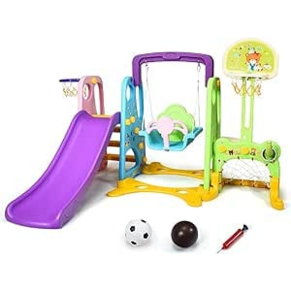 COSTWAY 6-in-1 Children's Slide with Swing, Children's Slide Indoor with Basketball Hoop & Football Goal & Throwing Game & Desk Top, Playground Indoor & Outdoor for Children from 3 Years