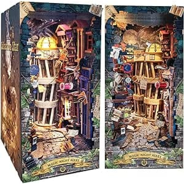 Spilay DIY Book Nook Dollhouse Kit, Booknook grāmatplauktu ieliktņu dekoru aleja, grāmatplauktu modeļu veidošanas jaunrades komplekts ar putekļu vāku un mūzikas kastīti SQ16