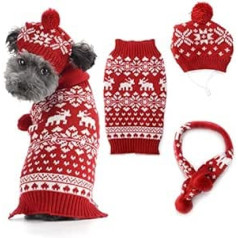 SKXEO Ziemassvētku mājdzīvnieku kostīmu cepures šalles džemperu komplekts kucēnam kaķim Ziemassvētku ziemeļbrieža trikotāžas sniegpārsliņa ziemas siltie apģērbi maziem suņiem kaķiem