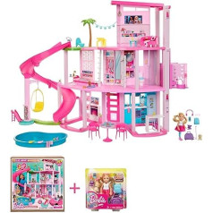 Barbie Bundle Pack — Leļļu namiņš (HMX10) + Chelsea Doll (FWV20) sapņu villas komplekts ar 75 celtniecības blokiem un slidkalniņu pa 3 stāviem, mājdzīvnieku pacēlāju un ceļojumu suni, bērniem no 3 gadu vecuma