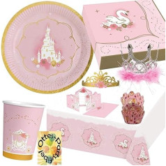 HHO Princess Party Set Princess Party Komplekts 131 gab. 16 viesiem šķīvji krūzes salvetes 2 galdauti ielūgumi mafinu maciņi diadēmas kronis