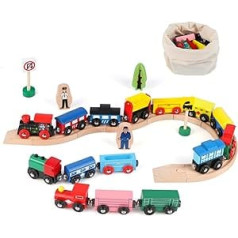Jacootoys 31-Piece Wooden Magnetic Train Trolley Set, 15 Carriages 10 Tracks with Storage Bag for Children, Compatible with Railway Track Sets of Major Brands