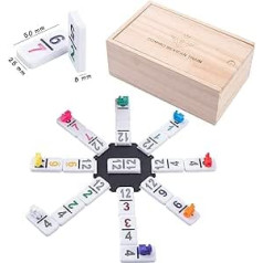 Engelhart - Domino Mexican Train/Train Premium Quality - Dobbel 12 Design - 2-8 Players - 91 Coloured Dominoes 8 mm Thick - in Wooden Box + 8 Coloured Trains