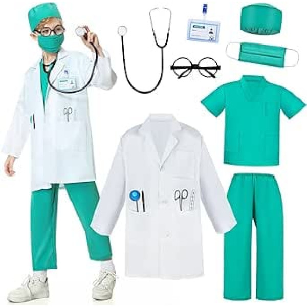 JONRRYIN Doctor Coat bērnu kostīmi, daktera lomu spēles kostīmi, ārsta iedomātā saģērbšanās rotaļu komplekti bērniem 3 4 5 6 7 8 9 10 gadi