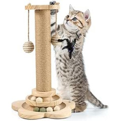 Newofview 5-in-1 Cat Toy, Cat Sisal Rope Scratching Post with 3-in-1 Toy Interactive Balls, 2-Layer Turntable, Interactive Cat Toy, Toy with Feathers