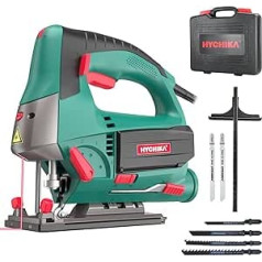 Jigsaw 800 W Max Wood Cutting Depth 110 mm, 800-3000SPM Hychika Electric Jigsaw with Laser, 6 Variable Speeds and 0-3 Orbital Position, 6 Blades, Chamfer Cutting: -45° to 45°, Case.