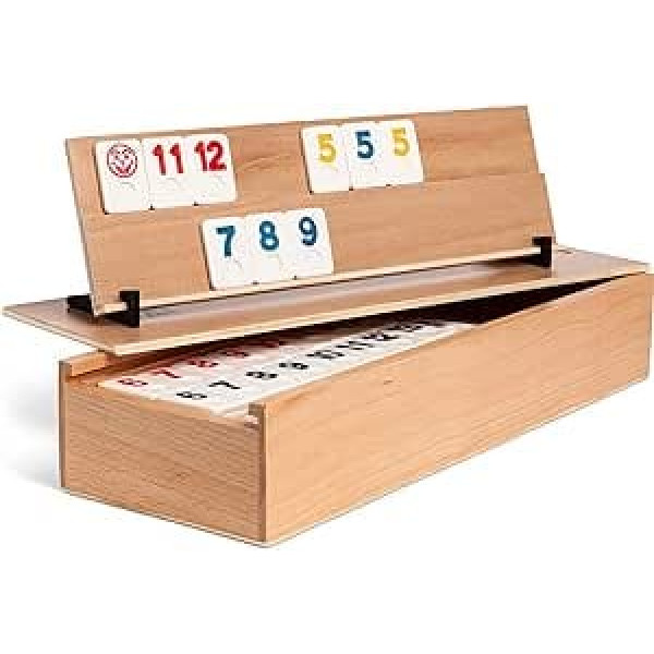 WOODTASTIC Rummy spēle — koka rummy kausu komplekts, kvalitatīvs bērza koks ar grebtām flīzēm, ģimenes spēle no 8 gadiem, veicina koncentrēšanās spējas, atmiņu un matemātiskās prasmes — 2-4 spēlētāji