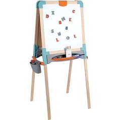 Smoby — koka dēlis — abpusēja glezna un radoša tāfele uz koka ar krītu, filca pildspalvu un magnētiskiem burtiem bērniem no 3 gadu vecuma