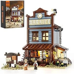 FUNWHOLE Old West Sheriff's Office Lighting Building Blocks Set - Old West Modular Building Kits 1240 Pieces Cowboy Clamping Building Blocks Wild West Toy for Adults and Teenagers