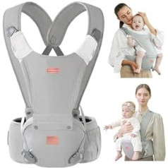 Bebamour Baby Carrier Newborn to Toddler X Series Baby Carrier Hip Seat with 2 Pieces Biting Cushion, Waist Padding, Grey