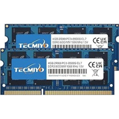 Tecmiyo 8GB komplekts (2X4GB) DDR3 RAM PC3-8500S 1066MHz / 1067MHz Sodimm 2RX8 atmiņas modulis DDR3 RAM 204 Pin 1.5V CL7 bez ECC nebuferēta klēpjdatora RAM atmiņas modulis Intel AMD un Mac sistēmai