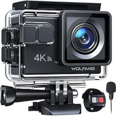 Wolfang GA100 Action Cam 4K 20MP zemūdens kamera WiFi 40M ūdensizturīga ICE attēla stabilizatora ķiveres kamera 170° platleņķa videokamera (ārējais mikrofons, 2,4G tālvadības pults, 2 bateriju un piederumu komplekts)