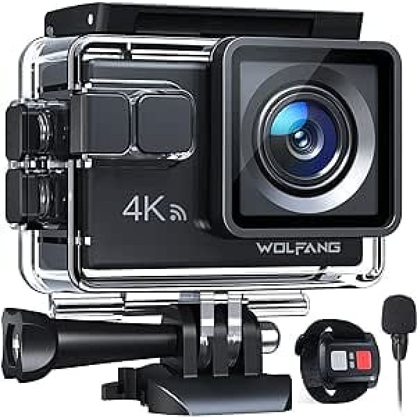 Wolfang GA100 Action Cam 4K 20MP zemūdens kamera WiFi 40M ūdensizturīga ICE attēla stabilizatora ķiveres kamera 170° platleņķa videokamera (ārējais mikrofons, 2,4G tālvadības pults, 2 bateriju un piederumu komplekts)