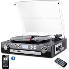 Digitnow! Ierakstu atskaņotājs ar stereo skaļruņiem, atbalsta Bluetooth, kasešu AM/FM radio, vinila uz MP3 USB kodēšanu, 33/45/78 RPM, Aux in