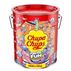 ‎Chupa Chups Chupa Chups Best of Lollipop Bucket, Contains 150 Lollipops in 5 Flavours in Pop Art Metal Tin Handy Storage Tin 150 x 12g