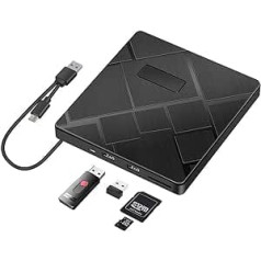 Beva ārējais CD diskdzinis, USB 3.0 un C tipa DVD diskdzinis ar SD/TF karšu lasītāju CD DVD RW rakstītājs Portatīvs 2 USB portu diskdzinis klēpjdatoram, galddatoram Mac OS, MacBook, Windows 11/10/8/7/XP/Vista/Linux