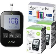 adia Blood Glucose Monitor (mg) + 110 blood glucose test strips + 110 lancets, maxi economy set for blood sugar self-testing in diabetes