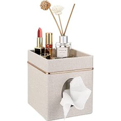 BTSKY Beige Linen Square Tissue Box with Top Shelf for Household Office Table Cube with Jewelry Holder