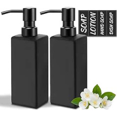 MIUSITE Soap Dispenser Glass Black Matt with Smooth Pump Made of Stainless Steel, 350 ml, Stylish Vintage Soap Dispenser for Kitchens and Bathrooms, Reusable Soap Dispenser with Label - Pack of 2