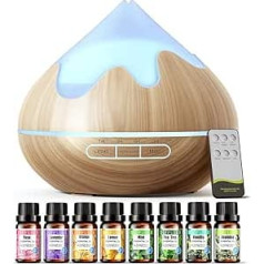 500 ml Aroma Diffuser with Top 8 Oils Gift Set, Essential Oil Diffuser with Remote Control, Ultrasonic Humidifier for Home Office, 15 Colour LEDs, Remote Control with 4 Timer Settings