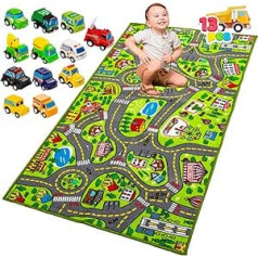 Bērnu istabas paklājs 80 x 150 cm ar 12 mini auto rotaļlietām bērniem no 3 gadiem, Play Mat Street bērnu paklājs, automašīnu paklājs zēniem meitenēm guļamistabai un rotaļu istabai